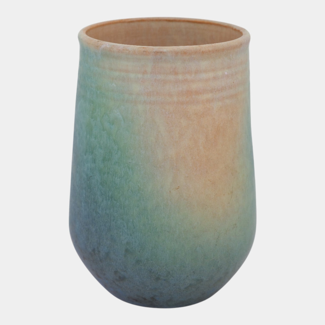 Roseville Earlam Tan Blue 1930 Vintage Arts And Crafts Pottery Vase 520-8 - Just Art Pottery
