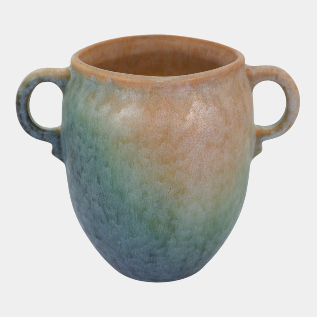 Roseville Earlam Tan Blue 1930 Vintage Art Pottery Ceramic Handled Vase 518-6 - Just Art Pottery