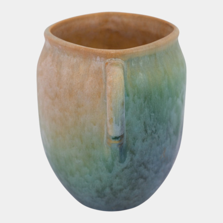 Roseville Earlam Tan Blue 1930 Vintage Art Pottery Ceramic Handled Vase 518-6 - Just Art Pottery