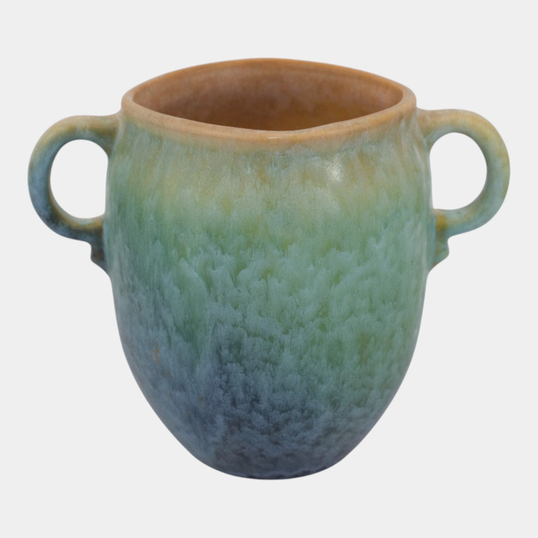 Roseville Earlam Tan Blue 1930 Vintage Art Pottery Ceramic Handled Vase 518-6 - Just Art Pottery