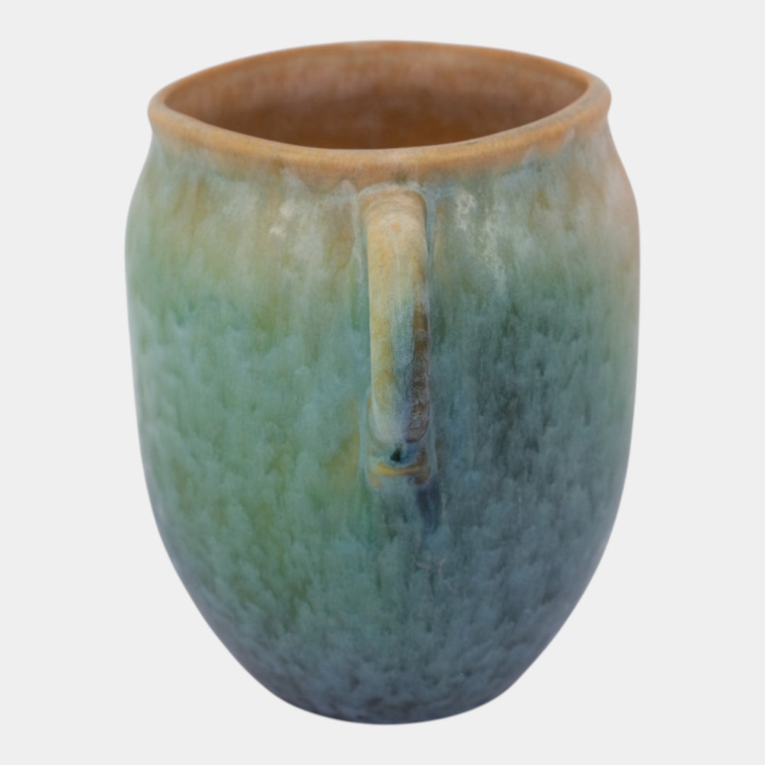 Roseville Earlam Tan Blue 1930 Vintage Art Pottery Ceramic Handled Vase 518-6 - Just Art Pottery