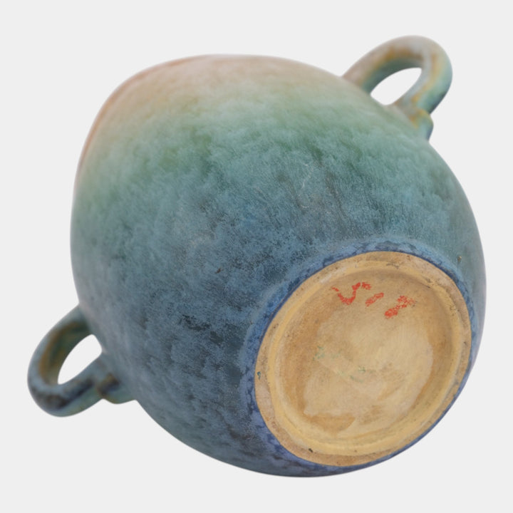 Roseville Earlam Tan Blue 1930 Vintage Art Pottery Ceramic Handled Vase 518-6 - Just Art Pottery