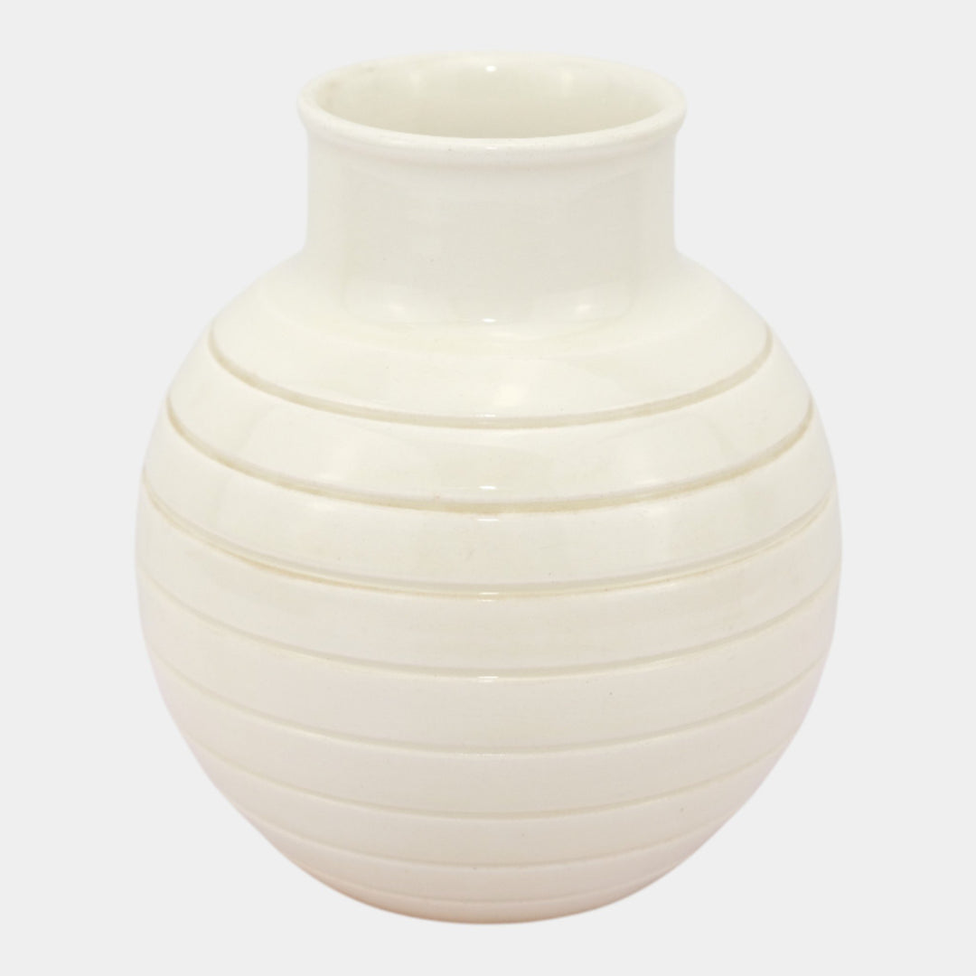 Keith Murray For Wedgwood 1930s Art Deco White Ribbed Art Pottery Bulbous Vase - Just Art Pottery