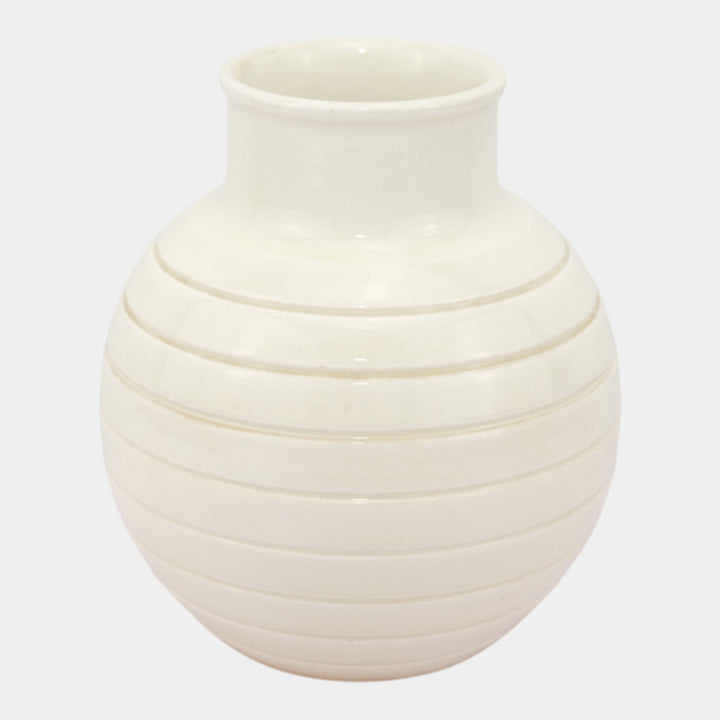 Keith Murray For Wedgwood 1930s Art Deco White Ribbed Art Pottery Bulbous Vase - Just Art Pottery