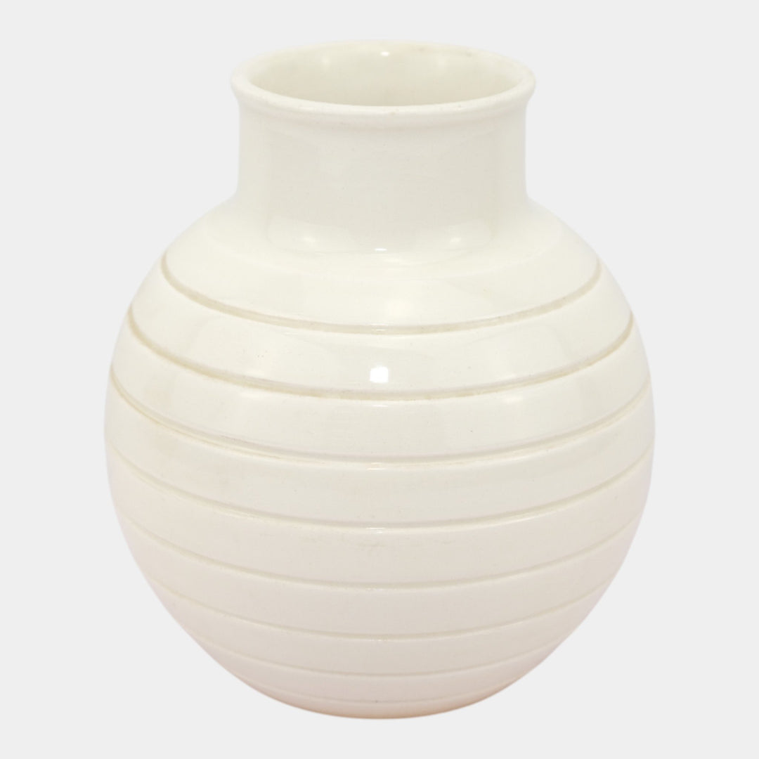 Keith Murray For Wedgwood 1930s Art Deco White Ribbed Art Pottery Bulbous Vase - Just Art Pottery