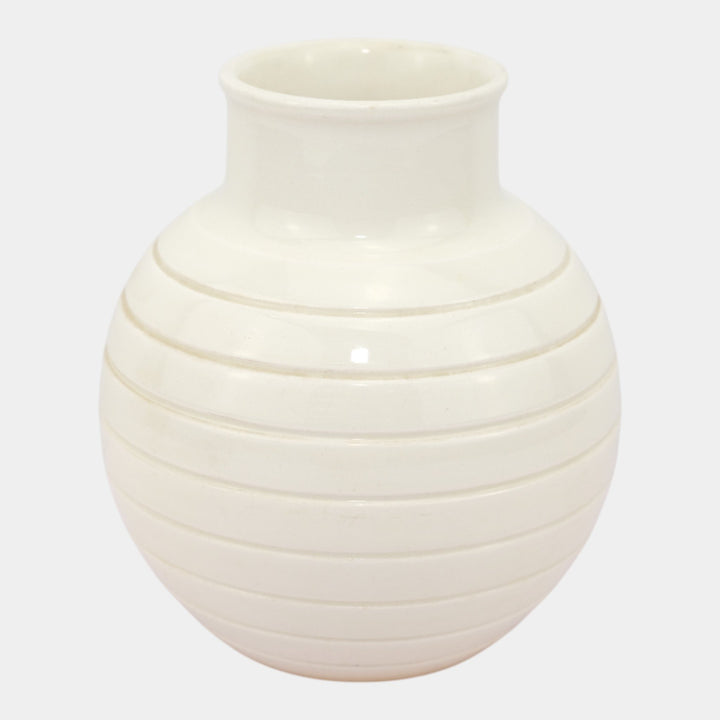 Keith Murray For Wedgwood 1930s Art Deco White Ribbed Art Pottery Bulbous Vase - Just Art Pottery