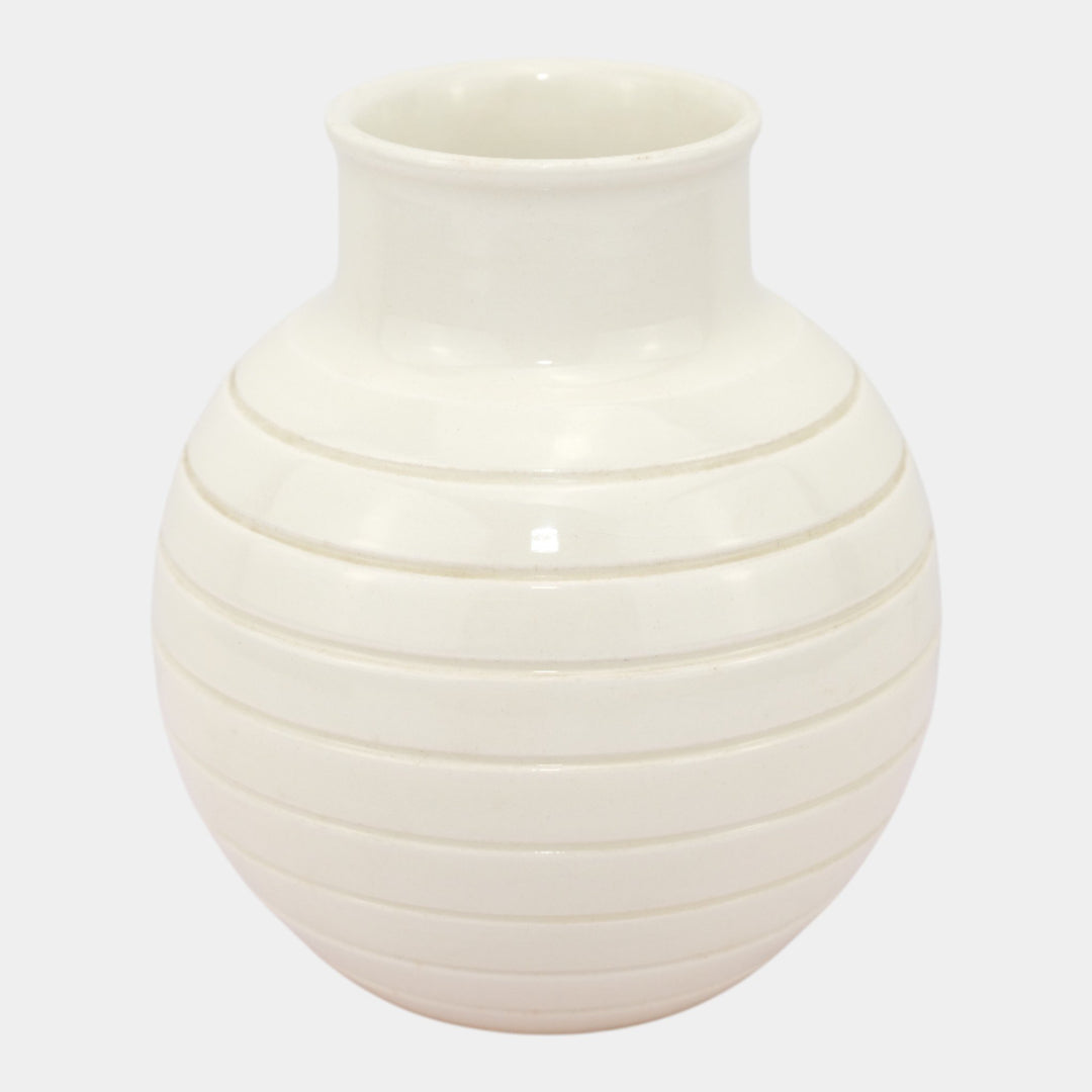 Keith Murray For Wedgwood 1930s Art Deco White Ribbed Art Pottery Bulbous Vase - Just Art Pottery