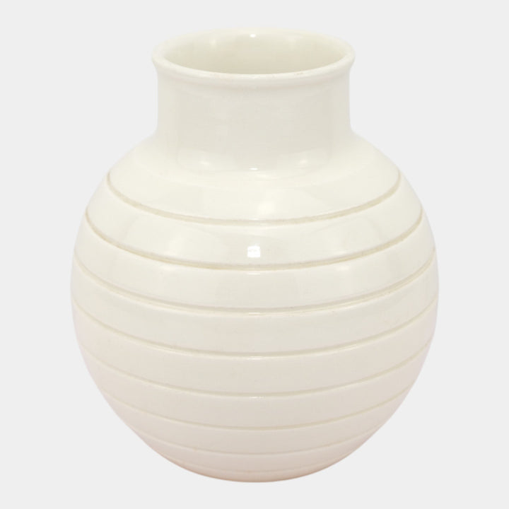 Keith Murray For Wedgwood 1930s Art Deco White Ribbed Art Pottery Bulbous Vase - Just Art Pottery