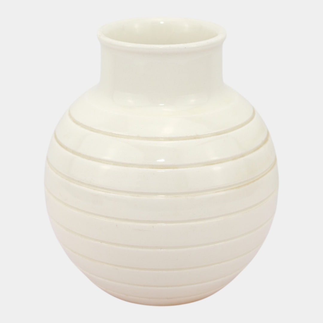 Keith Murray For Wedgwood 1930s Art Deco White Ribbed Art Pottery Bulbous Vase - Just Art Pottery