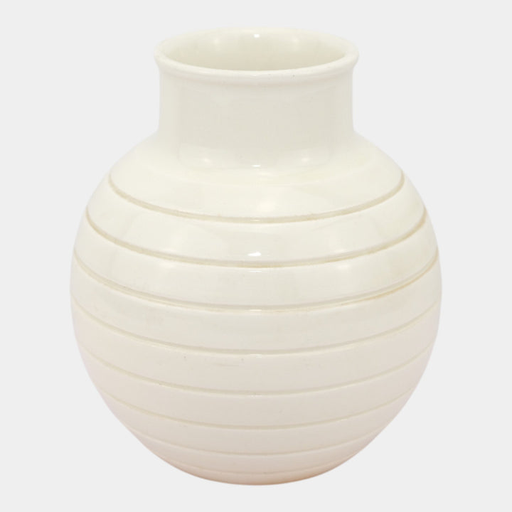 Keith Murray For Wedgwood 1930s Art Deco White Ribbed Art Pottery Bulbous Vase - Just Art Pottery