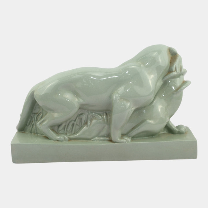 John Skeaping For Wedgwood 1930s Art Deco Green Tiger Carrying Prey Figurine - Just Art Pottery