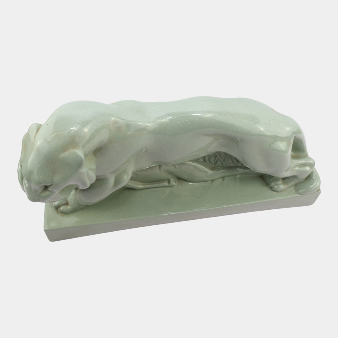 John Skeaping For Wedgwood 1930s Art Deco Green Tiger Carrying Prey Figurine - Just Art Pottery