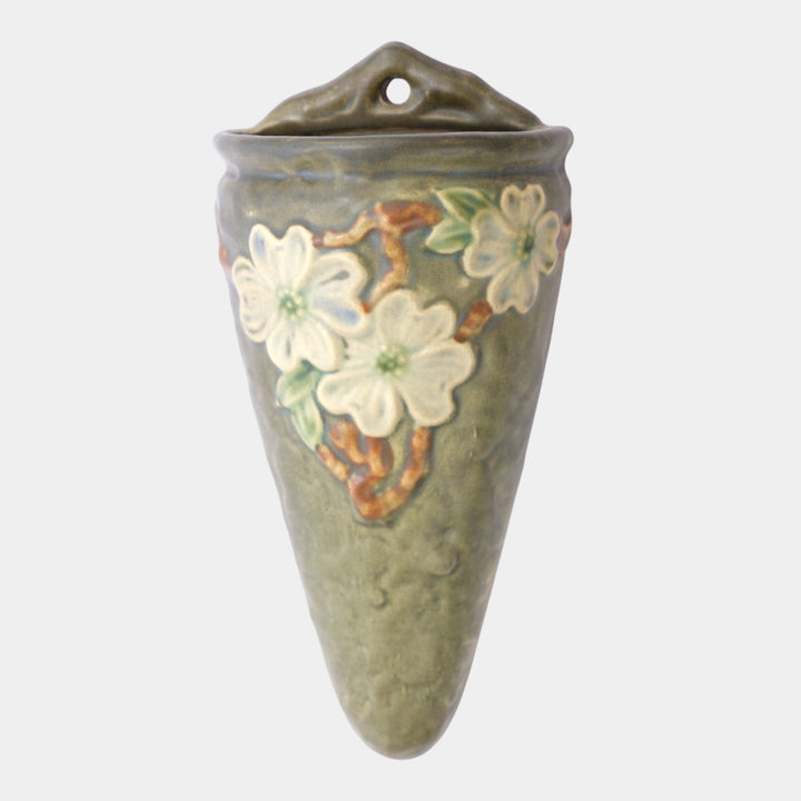 Roseville Dogwood Textured Green 1926 Vintage Pottery Ceramic Wall Pocket 1245-9