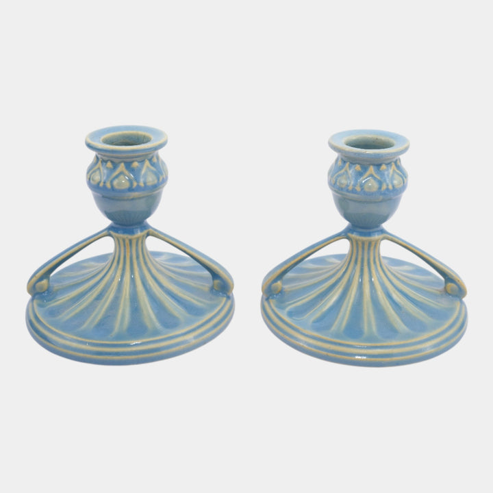 Roseville Savona Blue 1924 Vintage Art Deco Ceramic Candle Holders 1070-3 - Just Art Pottery