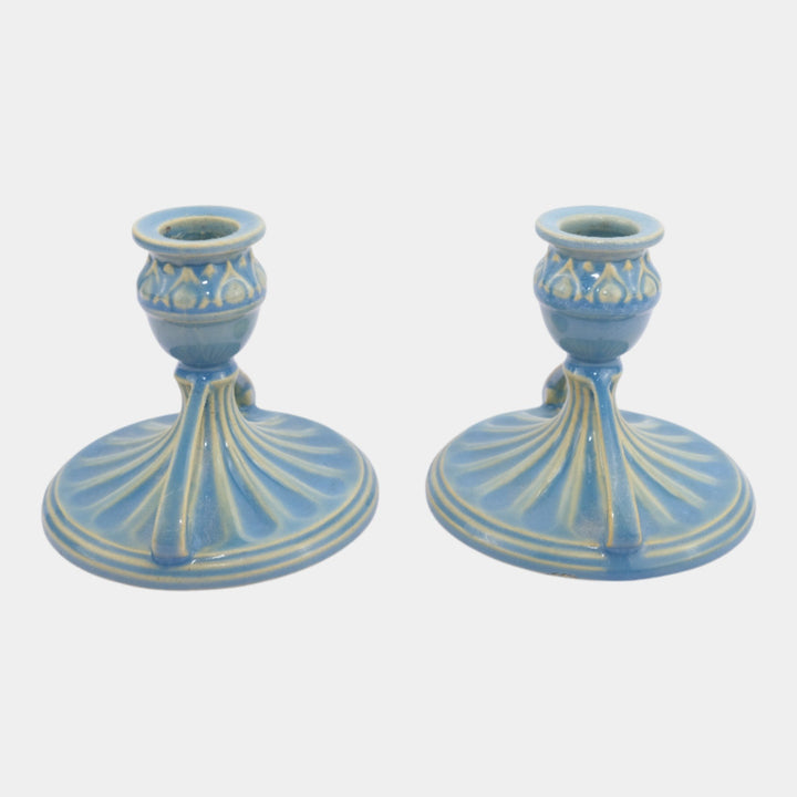 Roseville Savona Blue 1924 Vintage Art Deco Ceramic Candle Holders 1070-3 - Just Art Pottery