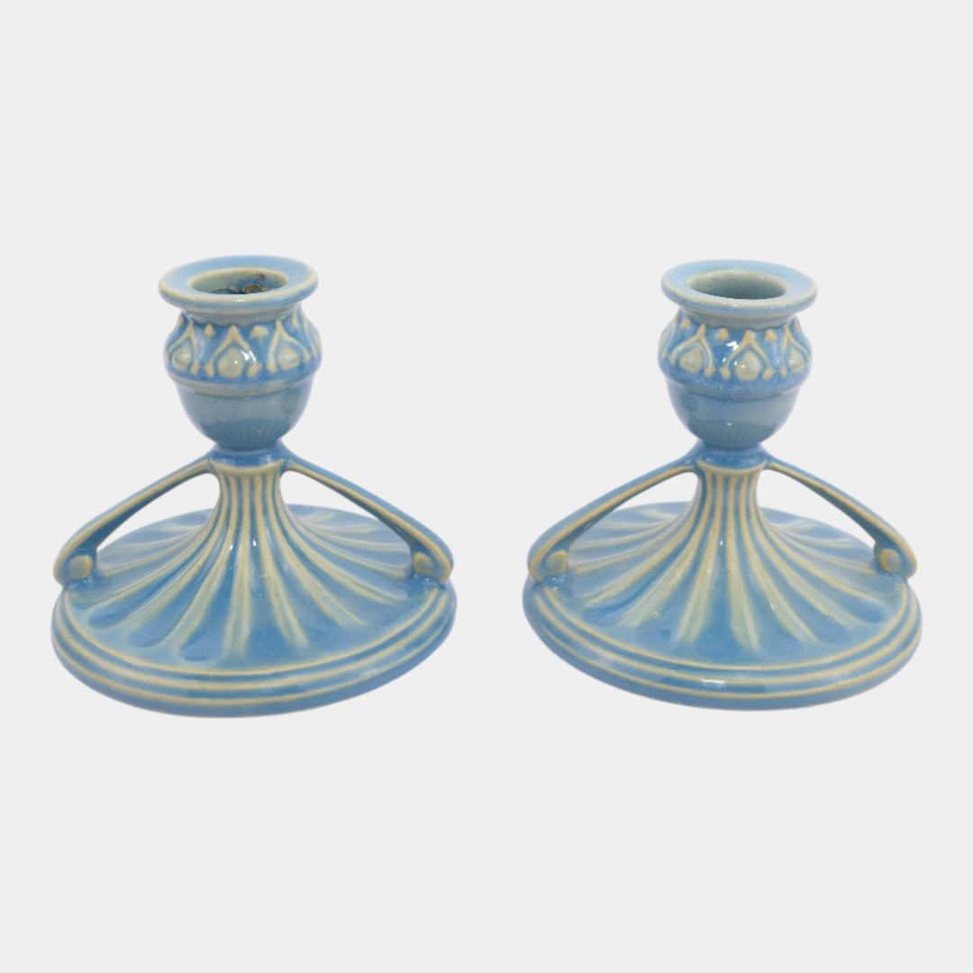 Roseville Savona Blue 1924 Vintage Art Deco Ceramic Candle Holders 1070-3 - Just Art Pottery