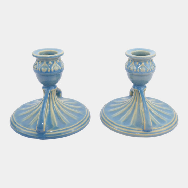 Roseville Savona Blue 1924 Vintage Art Deco Ceramic Candle Holders 1070-3 - Just Art Pottery