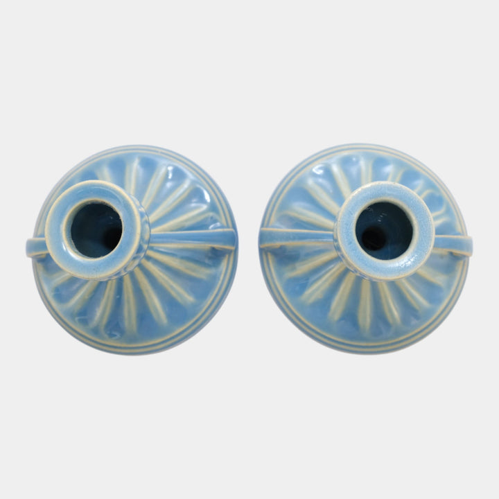 Roseville Savona Blue 1924 Vintage Art Deco Ceramic Candle Holders 1070-3 - Just Art Pottery