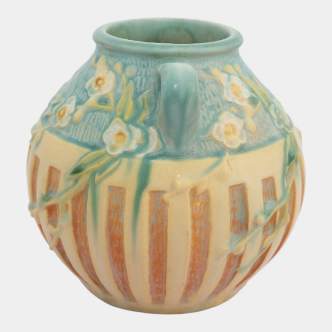 Roseville Cherry Blossom 1933 Trial Glaze Blue Brown Ceramic Vase 618-5 - Just Art Pottery