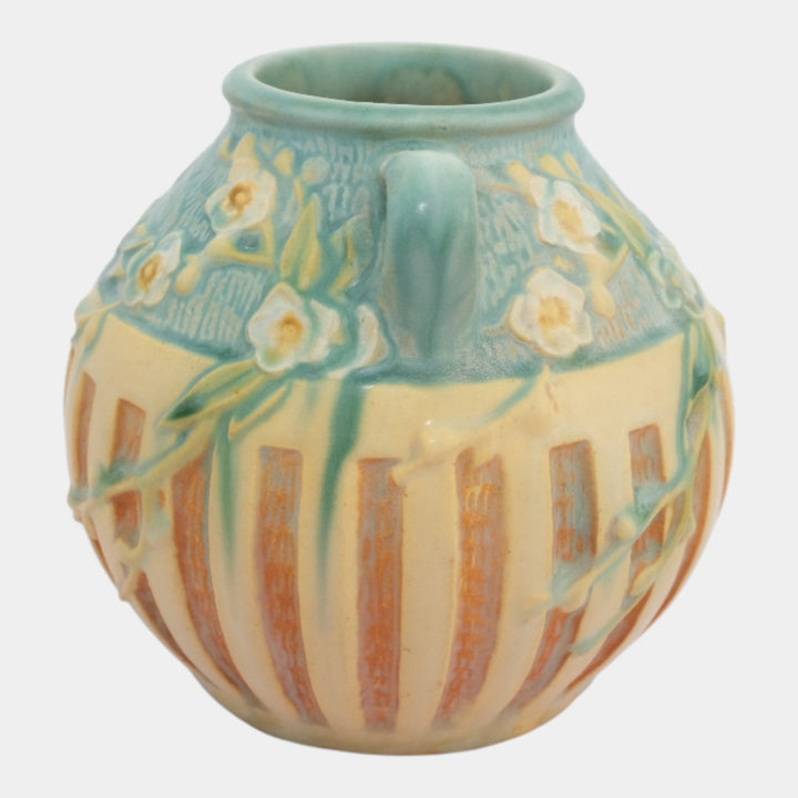Roseville Cherry Blossom 1933 Trial Glaze Blue Brown Ceramic Vase 618-5 - Just Art Pottery