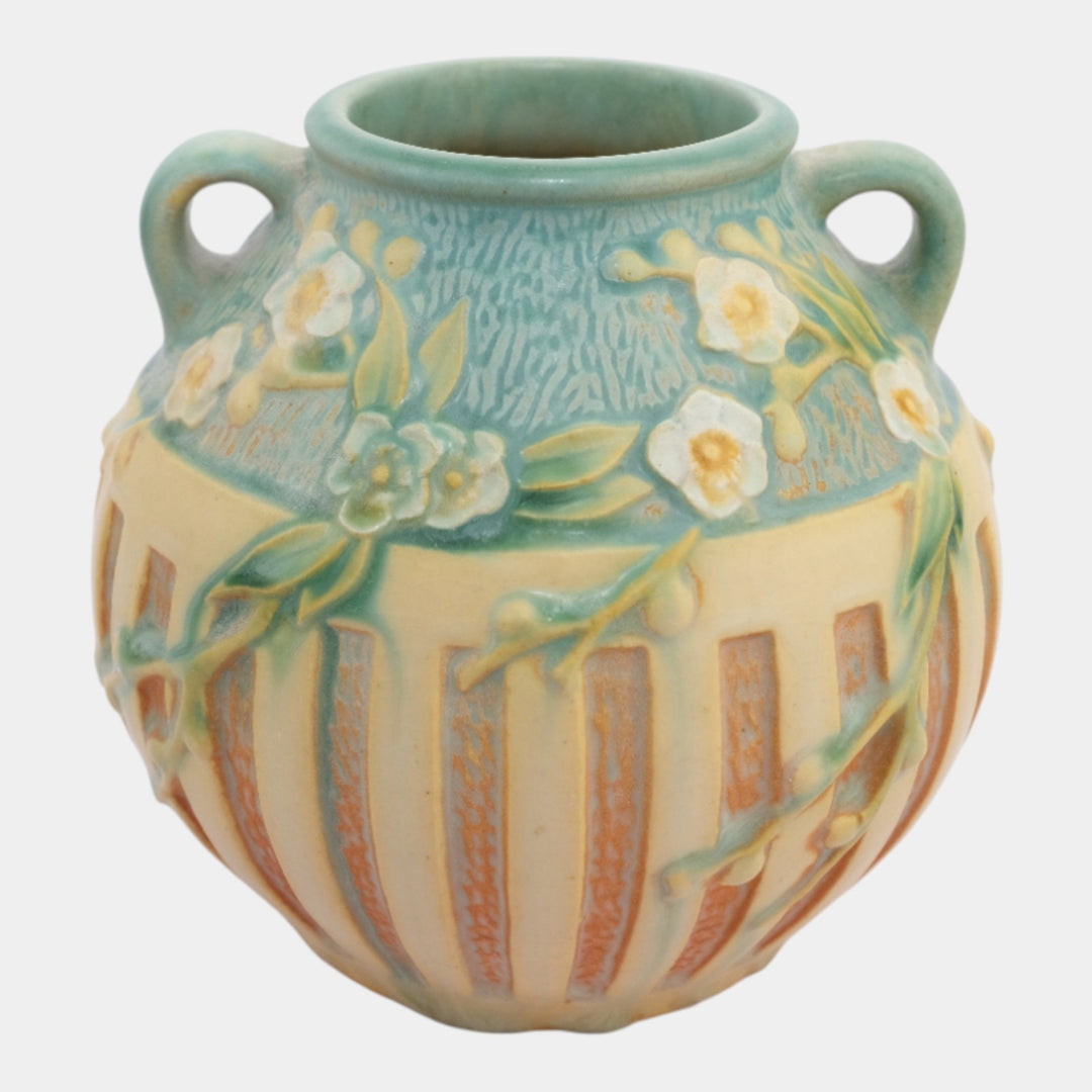 Roseville Cherry Blossom 1933 Trial Glaze Blue Brown Ceramic Vase 618-5 - Just Art Pottery
