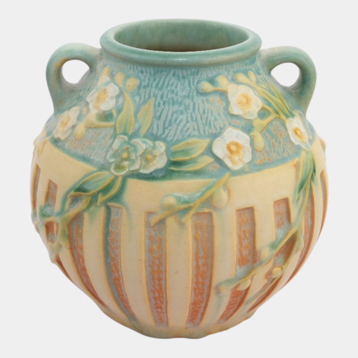Roseville Cherry Blossom 1933 Trial Glaze Blue Brown Ceramic Vase 618-5 - Just Art Pottery
