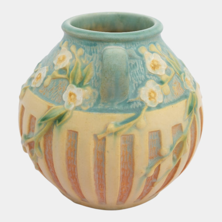 Roseville Cherry Blossom 1933 Trial Glaze Blue Brown Ceramic Vase 618-5 - Just Art Pottery