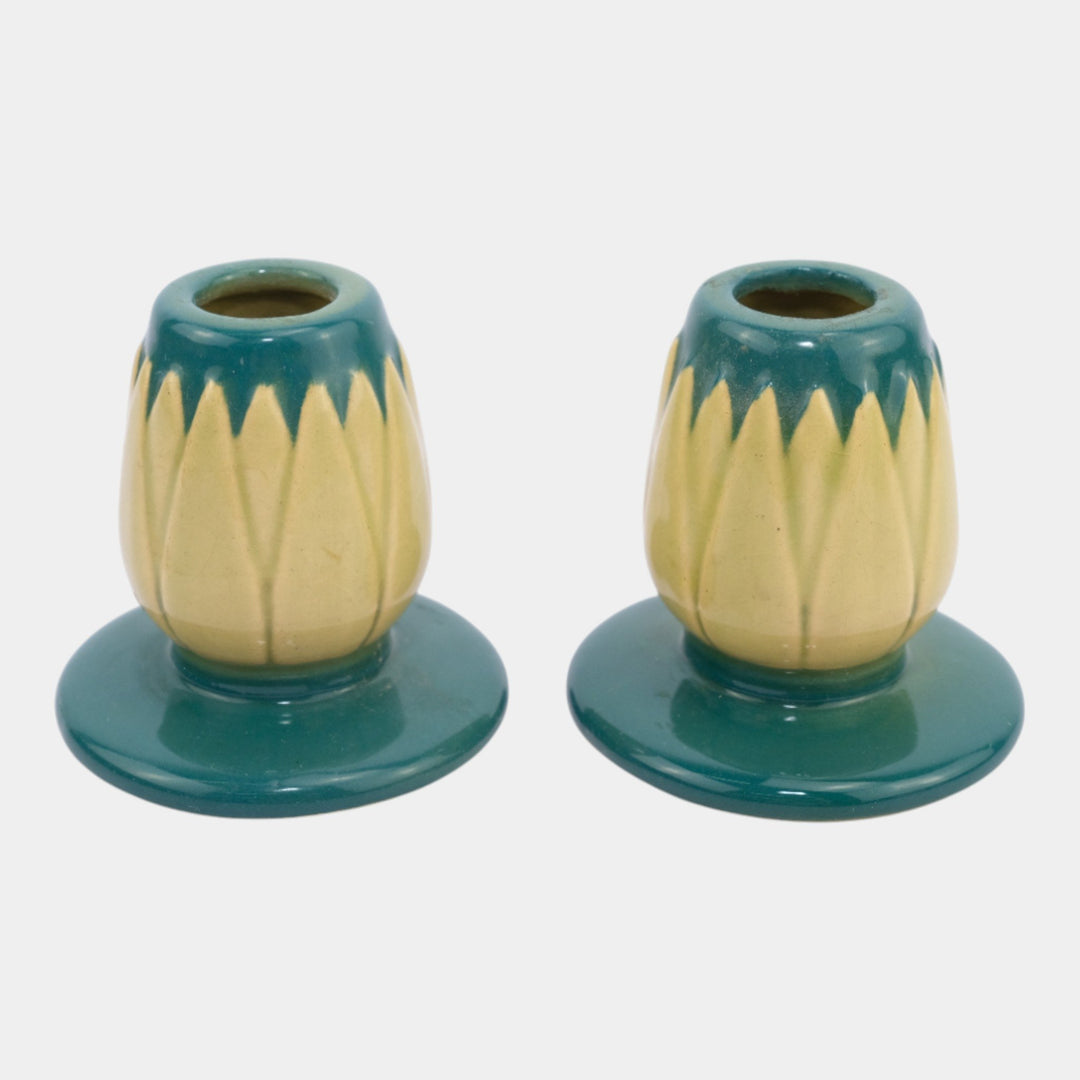 Roseville Lotus Green 1952 Mid Century Modern Art Pottery Candle Holders L5-2 - Just Art Pottery