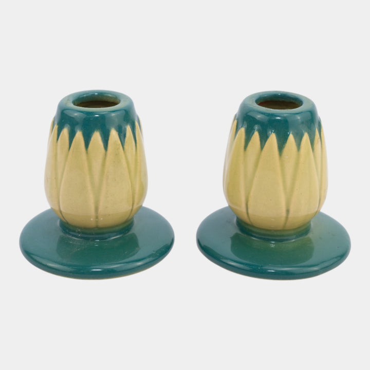 Roseville Lotus Green 1952 Mid Century Modern Art Pottery Candle Holders L5-2 - Just Art Pottery