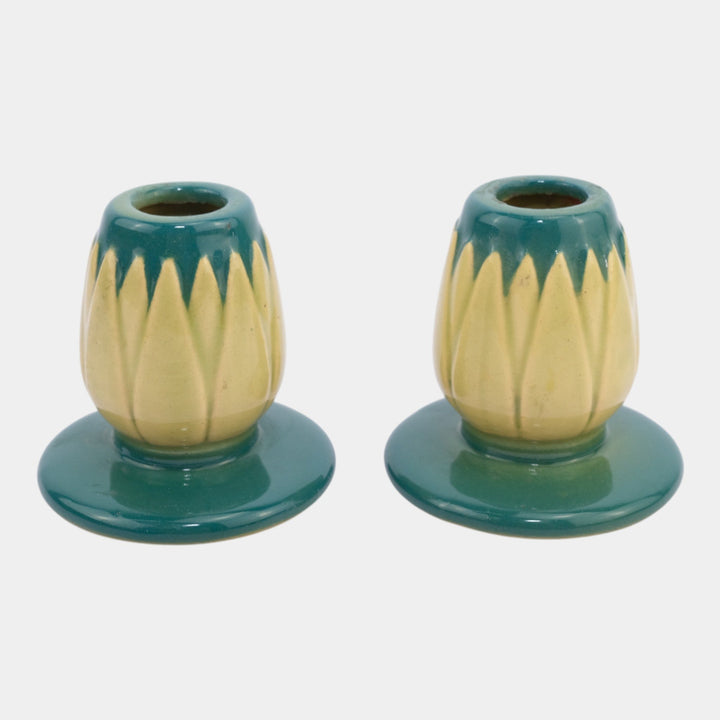 Roseville Lotus Green 1952 Mid Century Modern Art Pottery Candle Holders L5-2 - Just Art Pottery