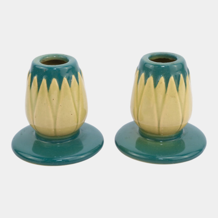 Roseville Lotus Green 1952 Mid Century Modern Art Pottery Candle Holders L5-2 - Just Art Pottery