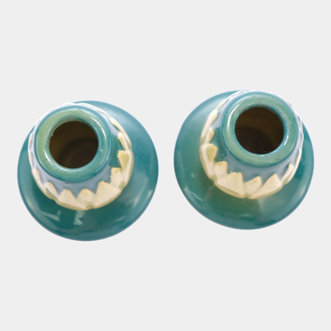 Roseville Lotus Green 1952 Mid Century Modern Art Pottery Candle Holders L5-2 - Just Art Pottery