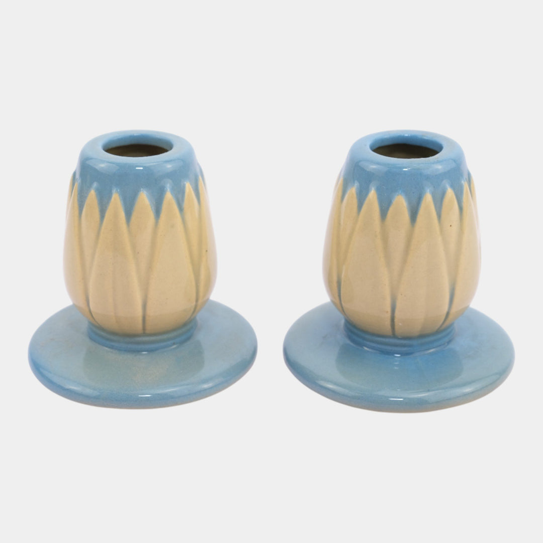 Roseville Lotus Blue 1952 Mid Century Modern Art Pottery Candle Holders L5-2 - Just Art Pottery