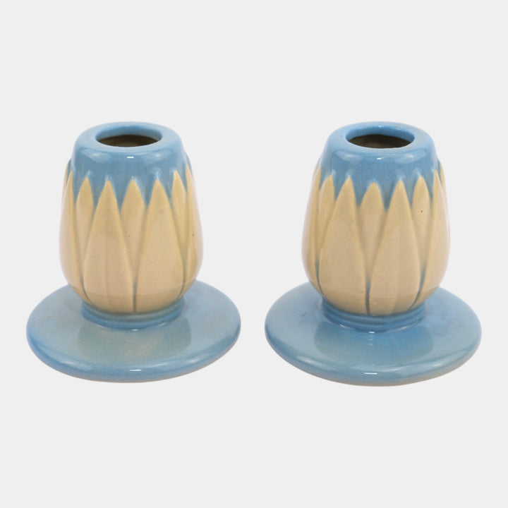 Roseville Lotus Blue 1952 Mid Century Modern Art Pottery Candle Holders L5-2 - Just Art Pottery