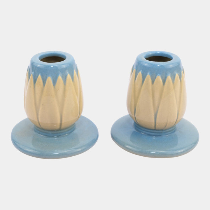Roseville Lotus Blue 1952 Mid Century Modern Art Pottery Candle Holders L5-2 - Just Art Pottery