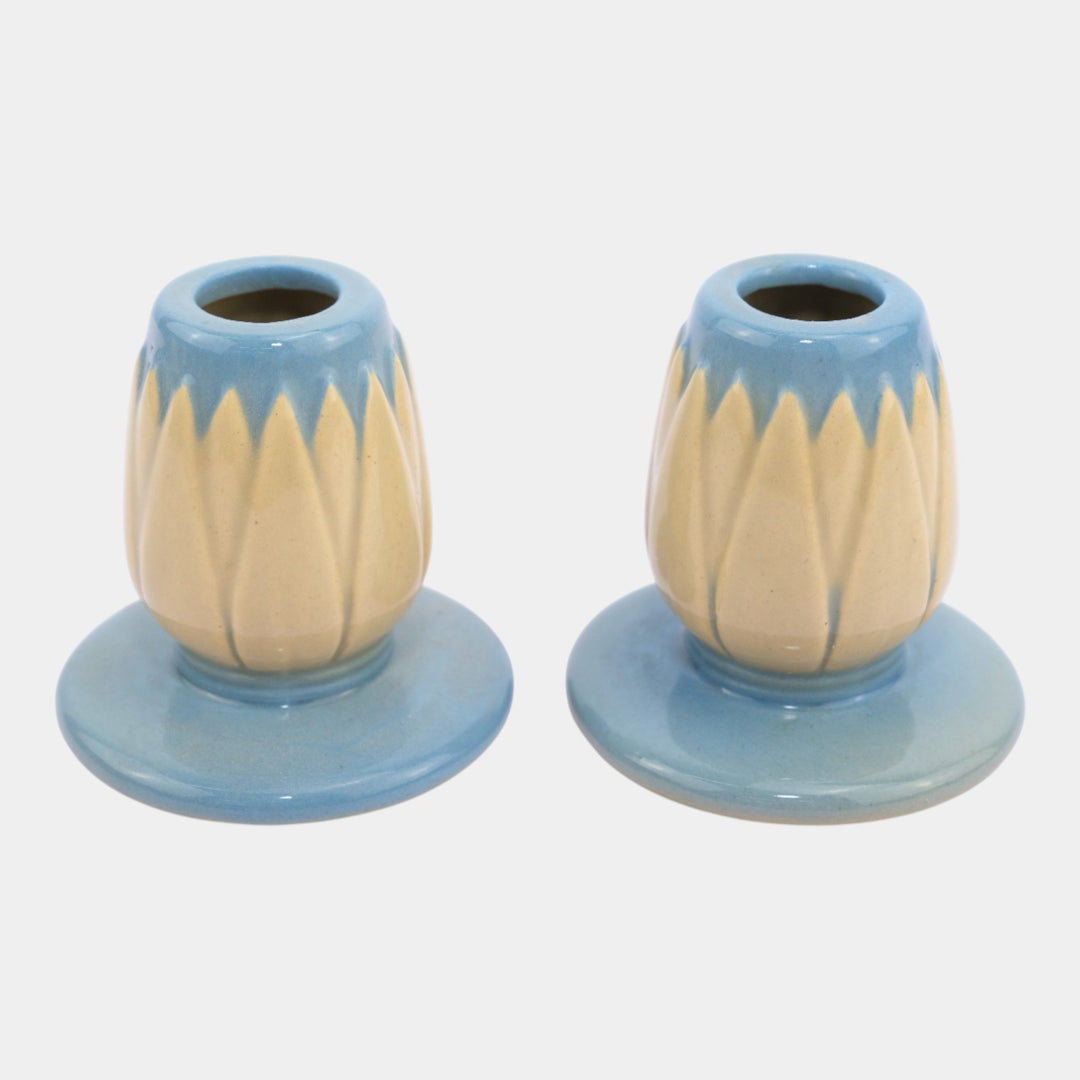 Roseville Lotus Blue 1952 Mid Century Modern Art Pottery Candle Holders L5-2 - Just Art Pottery