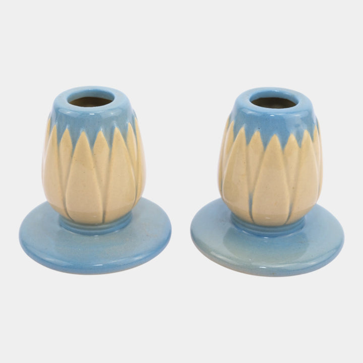 Roseville Lotus Blue 1952 Mid Century Modern Art Pottery Candle Holders L5-2 - Just Art Pottery
