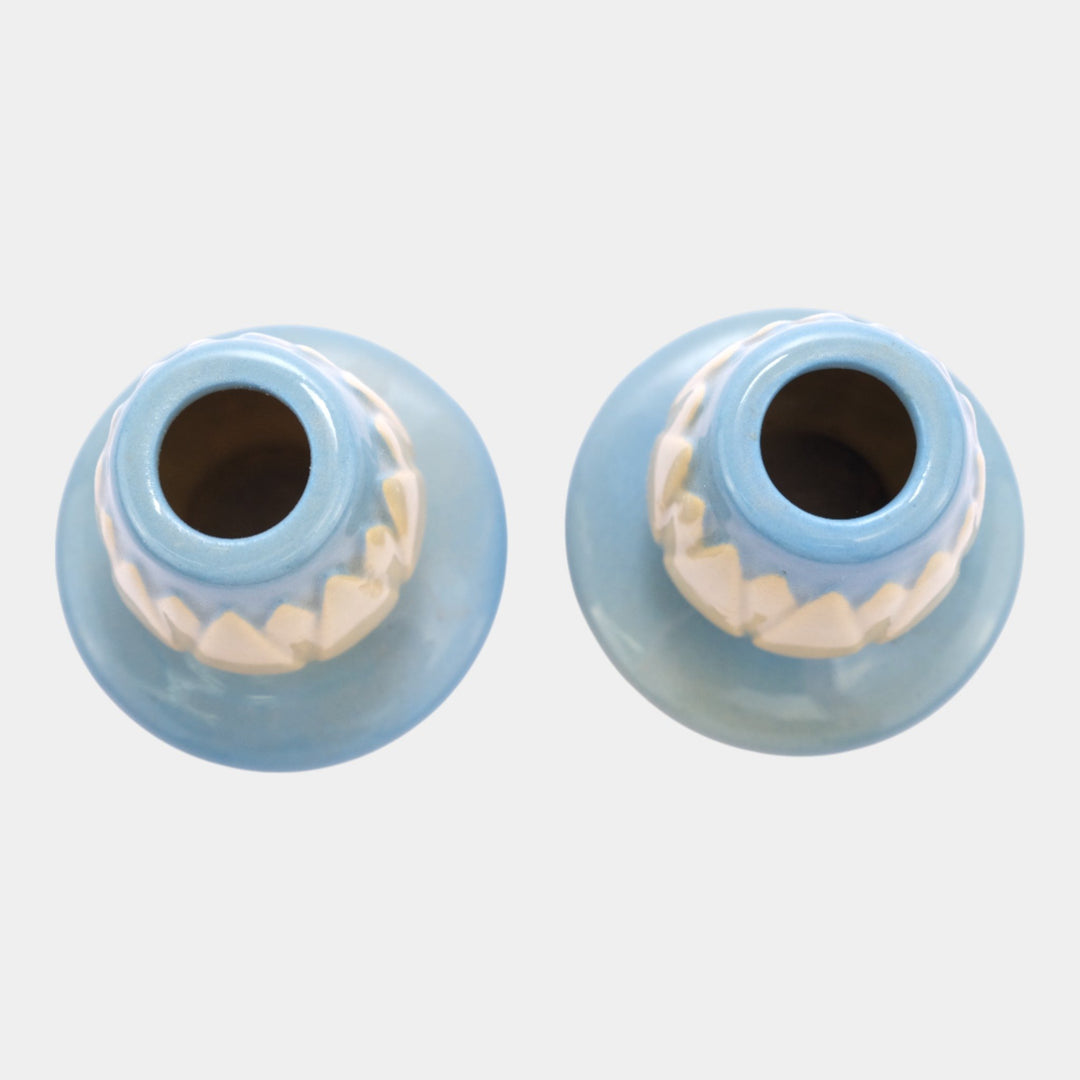 Roseville Lotus Blue 1952 Mid Century Modern Art Pottery Candle Holders L5-2 - Just Art Pottery
