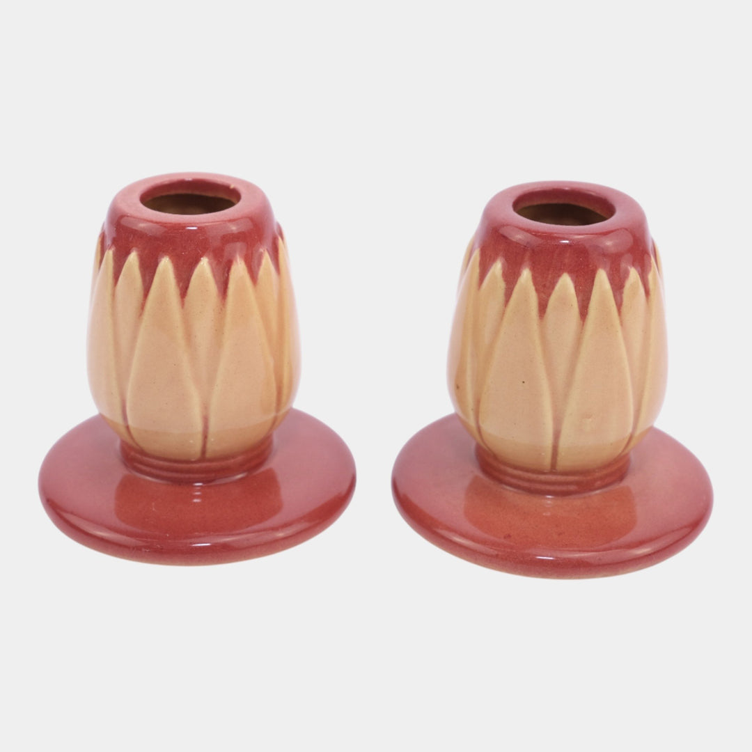 Roseville Lotus Red 1952 Mid Century Modern Art Pottery Candle Holders L5-2 - Just Art Pottery