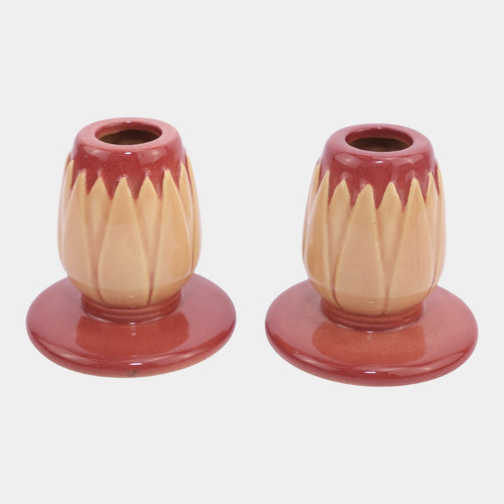 Roseville Lotus Red 1952 Mid Century Modern Art Pottery Candle Holders L5-2 - Just Art Pottery