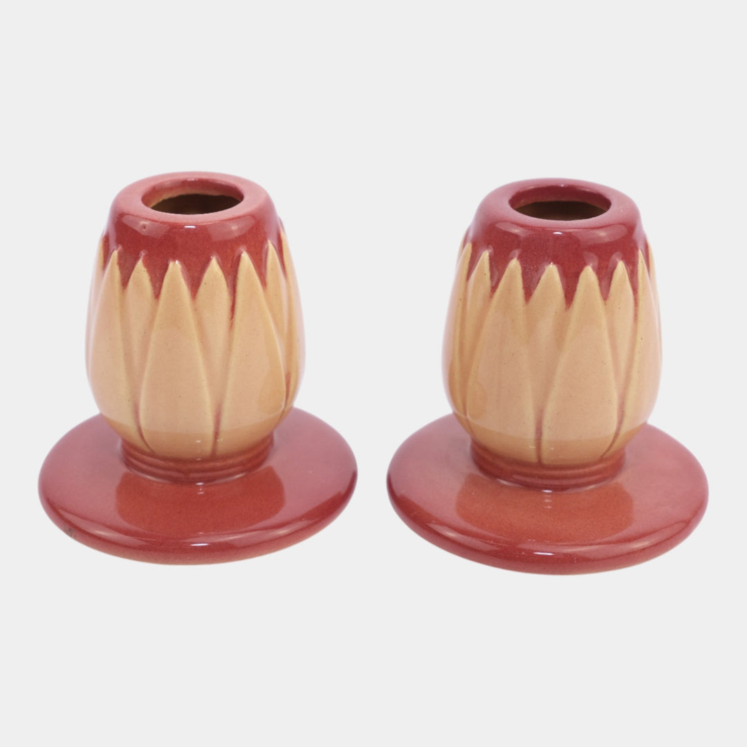Roseville Lotus Red 1952 Mid Century Modern Art Pottery Candle Holders L5-2 - Just Art Pottery