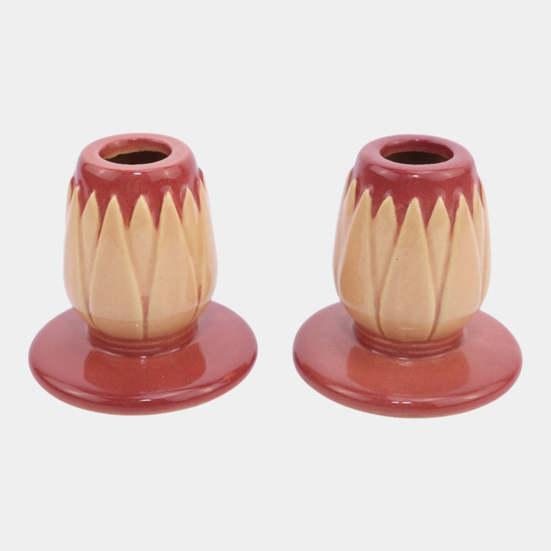 Roseville Lotus Red 1952 Mid Century Modern Art Pottery Candle Holders L5-2 - Just Art Pottery