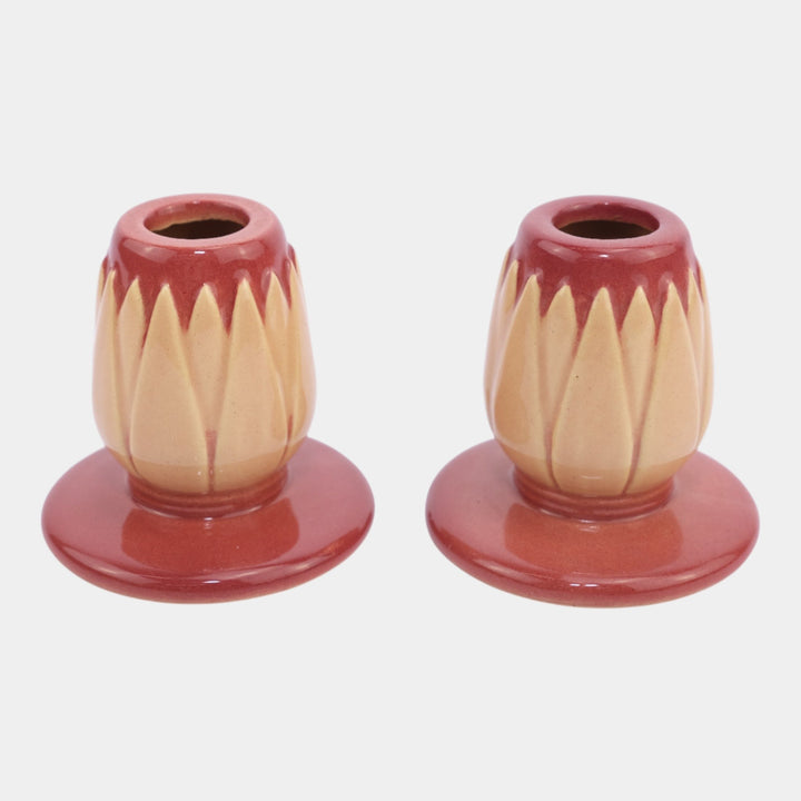 Roseville Lotus Red 1952 Mid Century Modern Art Pottery Candle Holders L5-2 - Just Art Pottery