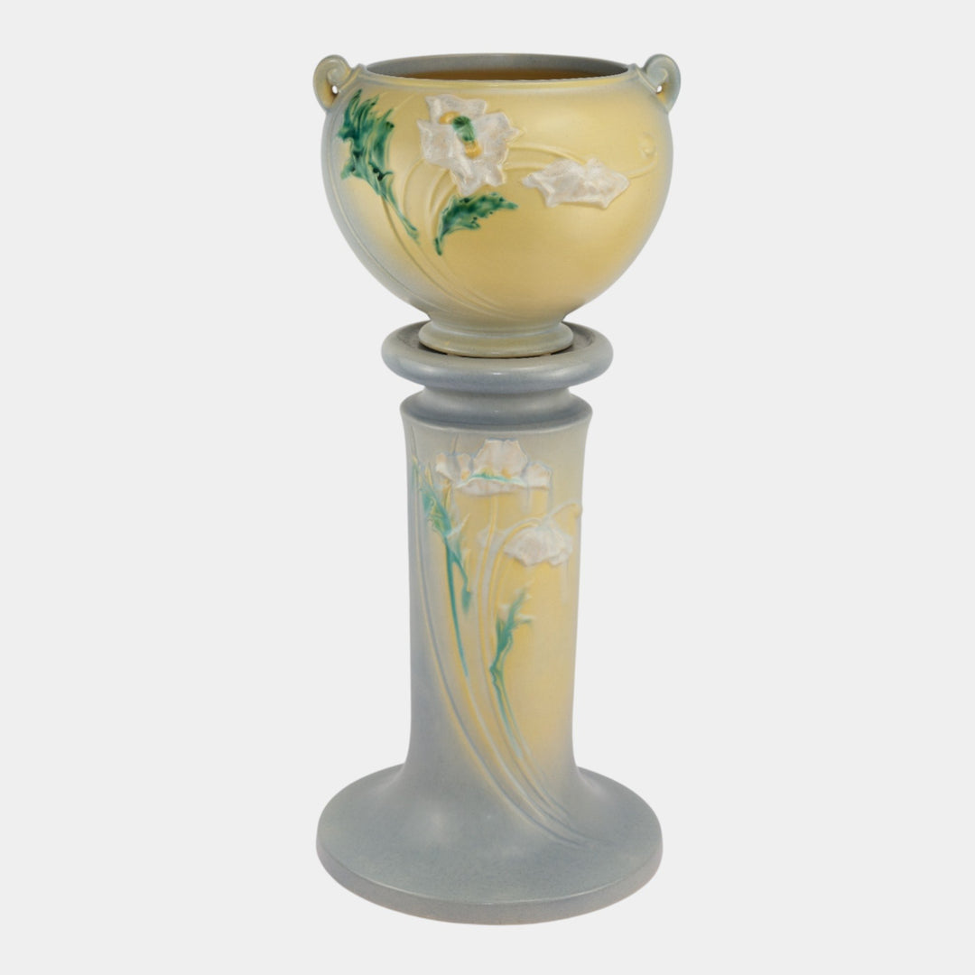 Roseville Poppy Gray 1938 Art Pottery Ceramic Jardiniere And Pedestal 642-7 - Just Art Pottery