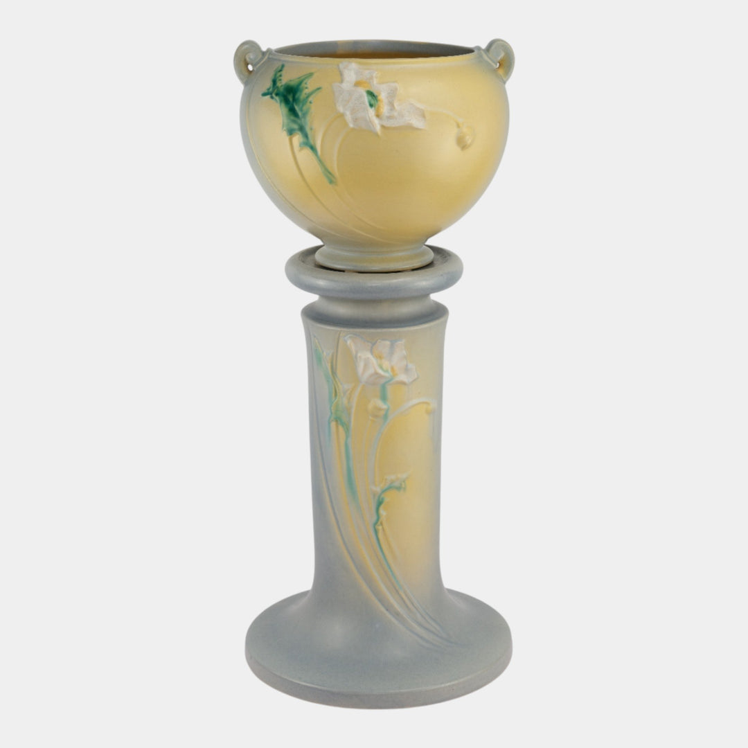 Roseville Poppy Gray 1938 Art Pottery Ceramic Jardiniere And Pedestal 642-7 - Just Art Pottery