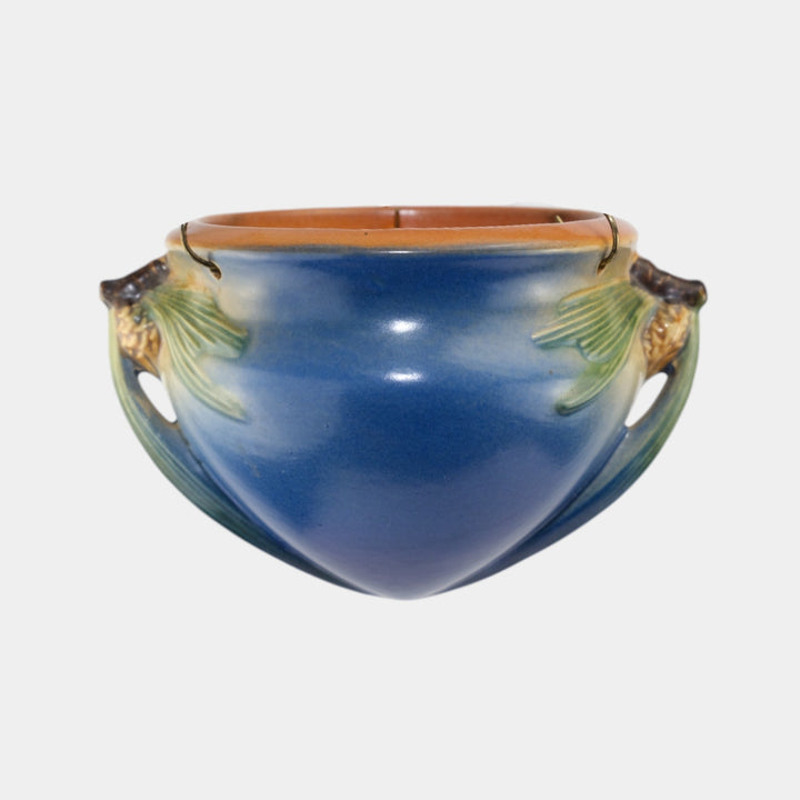 Roseville Pine Cone Blue 1935 Vintage Art Pottery Hanging Basket Planter 351 - Just Art Pottery