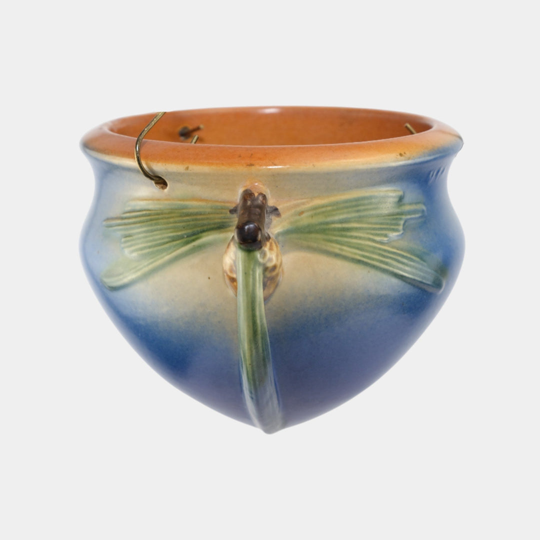Roseville Pine Cone Blue 1935 Vintage Art Pottery Hanging Basket Planter 351 - Just Art Pottery