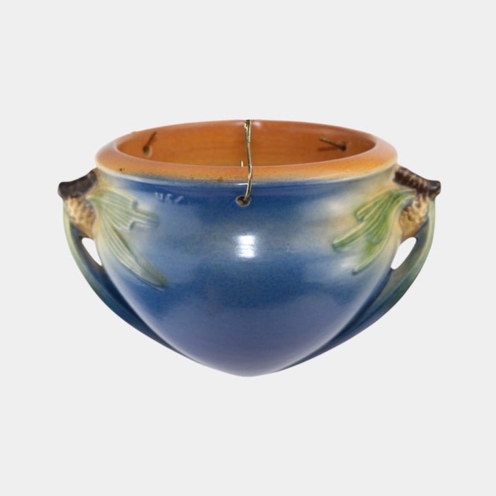 Roseville Pine Cone Blue 1935 Vintage Art Pottery Hanging Basket Planter 351