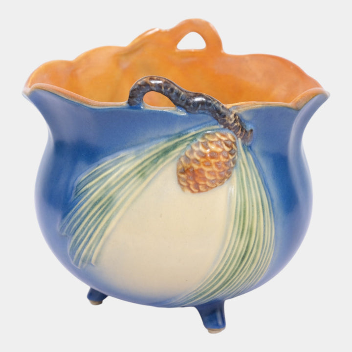 Roseville Pine Cone Blue 1953 Art Deco Three Footed Planter Vase 458F-5 - Just Art Pottery