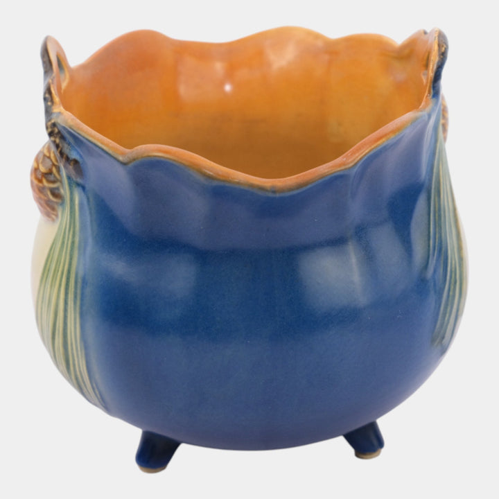 Roseville Pine Cone Blue 1953 Art Deco Three Footed Planter Vase 458F-5 - Just Art Pottery